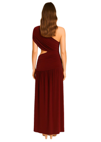 Wine One Shoulder Draping Detailed Side Cut Out Maxi Dress