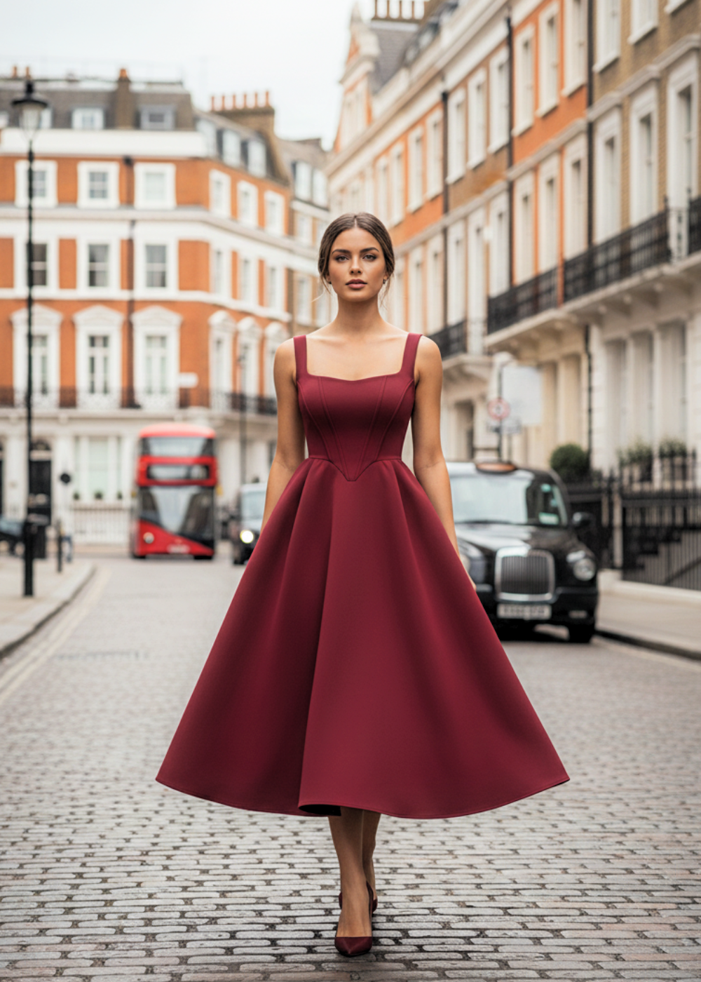 Wine Square Neck Corset Fit & Flared Midi Dress