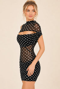 Women's Black Polka Dot High Neck Cut Out Bodycon Mini Dress