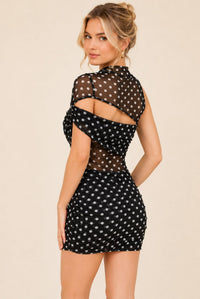 Women's Black Polka Dot High Neck Cut Out Bodycon Mini Dress