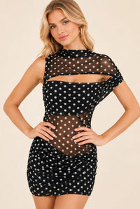 Women's Black Polka Dot High Neck Cut Out Bodycon Mini Dress