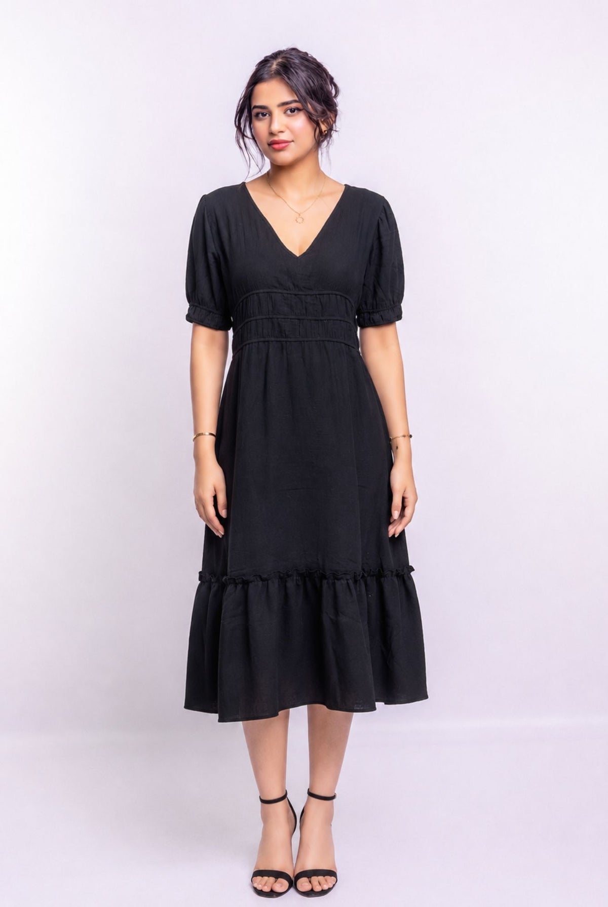 Women's Black V Neck Puff Sleeve Tiered Midi Dress