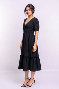 Women's Black V Neck Puff Sleeve Tiered Midi Dress