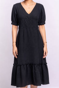 Women's Black V Neck Puff Sleeve Tiered Midi Dress