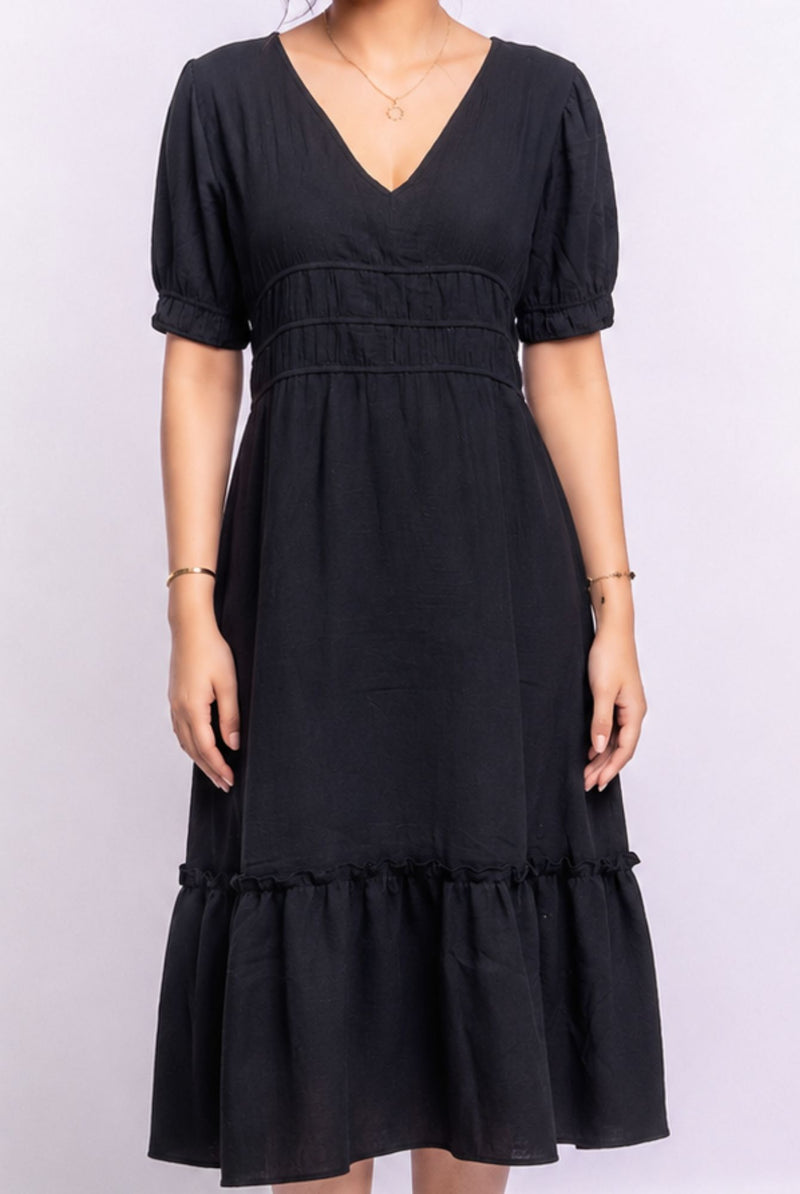 Women's Black V Neck Puff Sleeve Tiered Midi Dress