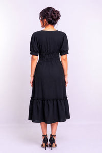 Women's Black V Neck Puff Sleeve Tiered Midi Dress