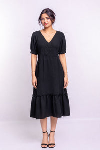 Women's Black V Neck Puff Sleeve Tiered Midi Dress