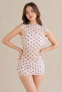 Women's Blush Polka Dot Asymmetric Ruched Bodycon Mini Dress
