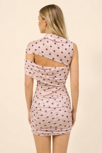 Women's Blush Polka Dot Asymmetric Ruched Bodycon Mini Dress