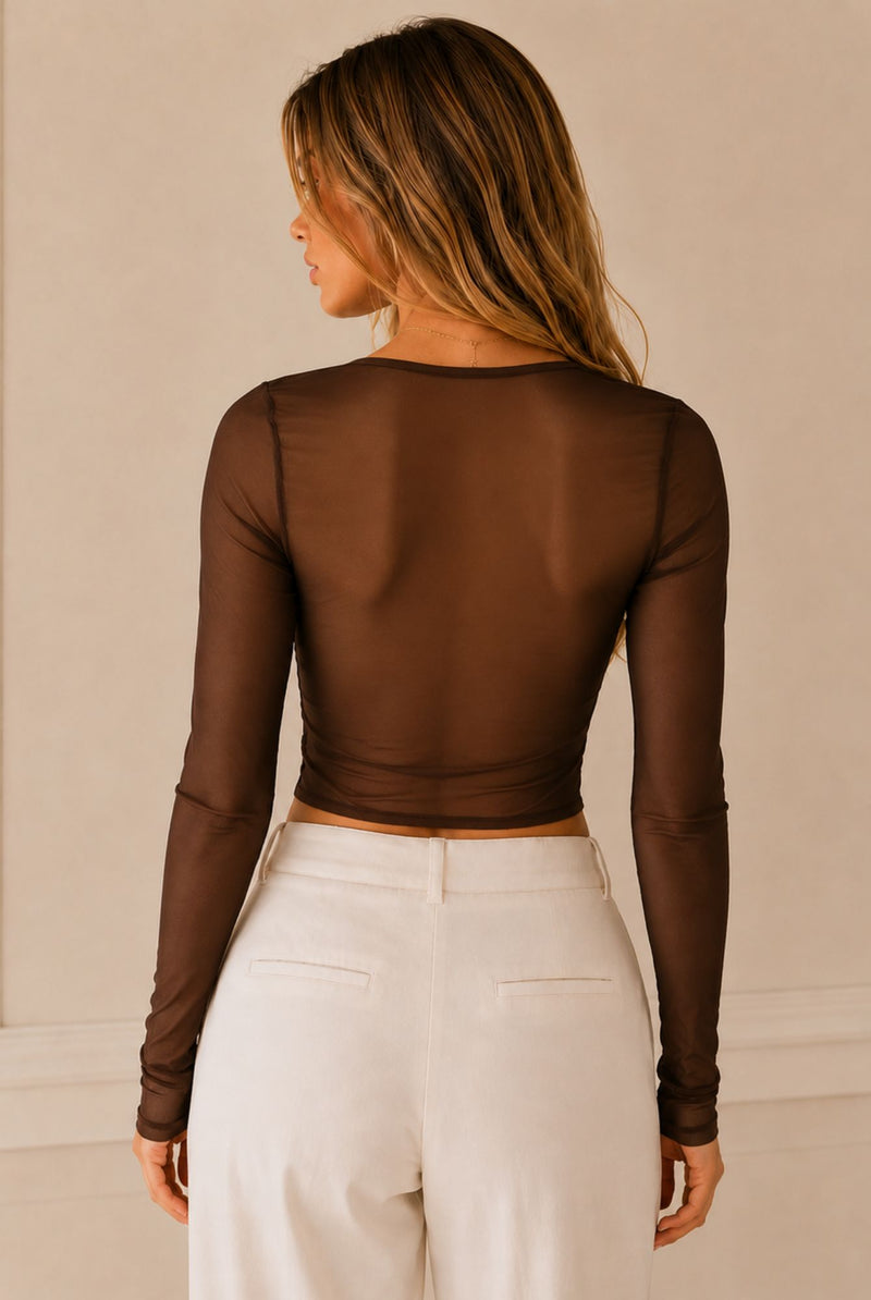 Brown Lace Corset Mesh Sleeve Top – Luxe Edition