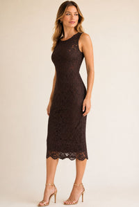 Women's Chocolate Brown Floral Lace Bodycon Midi Dress