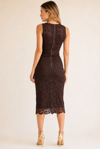 Women's Chocolate Brown Floral Lace Bodycon Midi Dress
