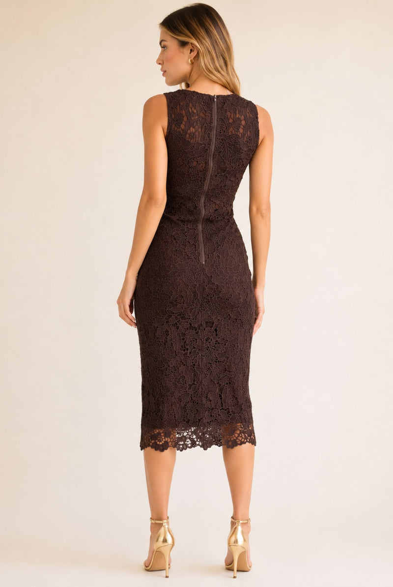 Women's Chocolate Brown Floral Lace Bodycon Midi Dress