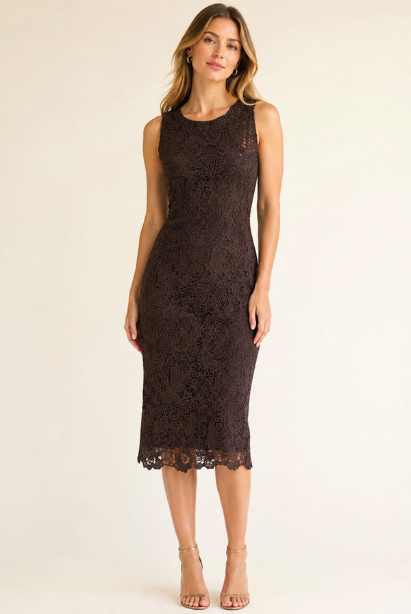 Women's Chocolate Brown Floral Lace Bodycon Midi Dress