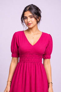 Women's Fuchsia V Neck Puff Sleeve Tiered Midi Dress