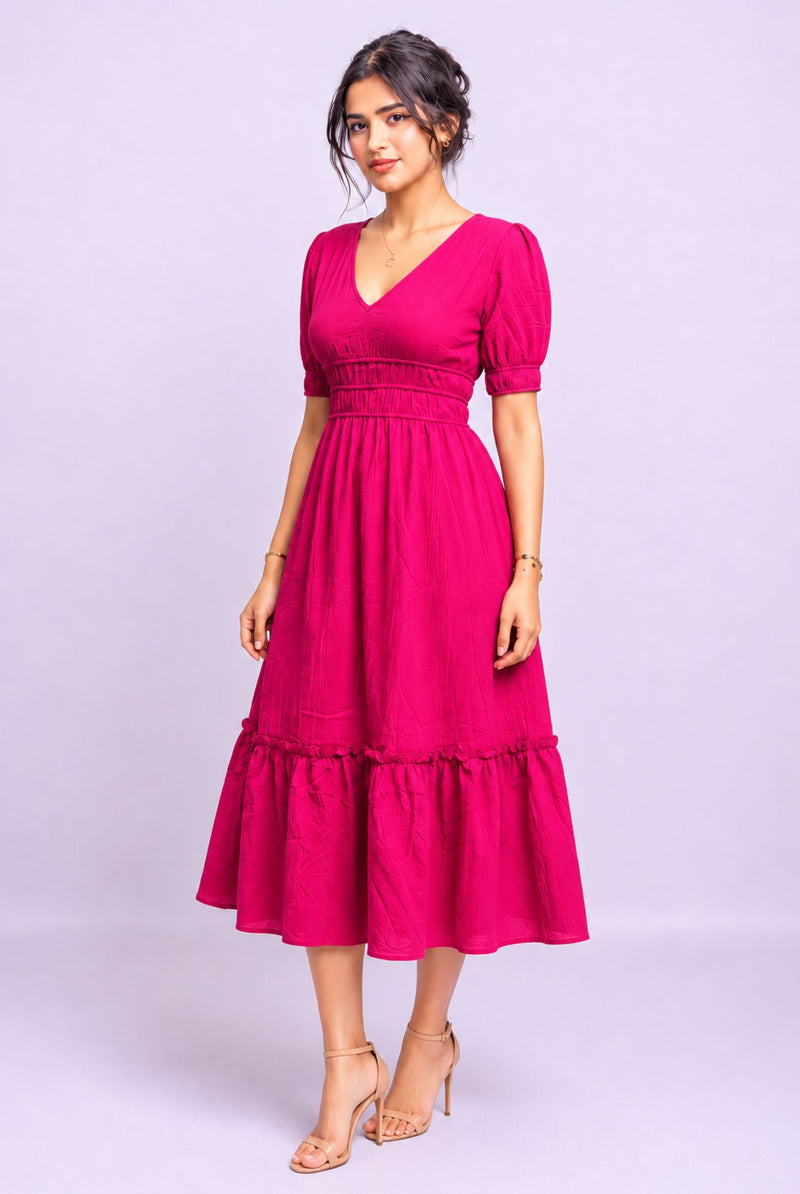 Women's Fuchsia V Neck Puff Sleeve Tiered Midi Dress
