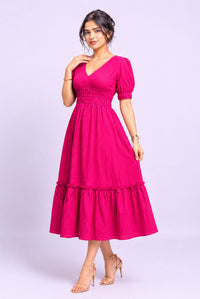 Women's Fuchsia V Neck Puff Sleeve Tiered Midi Dress