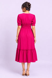 Women's Fuchsia V Neck Puff Sleeve Tiered Midi Dress