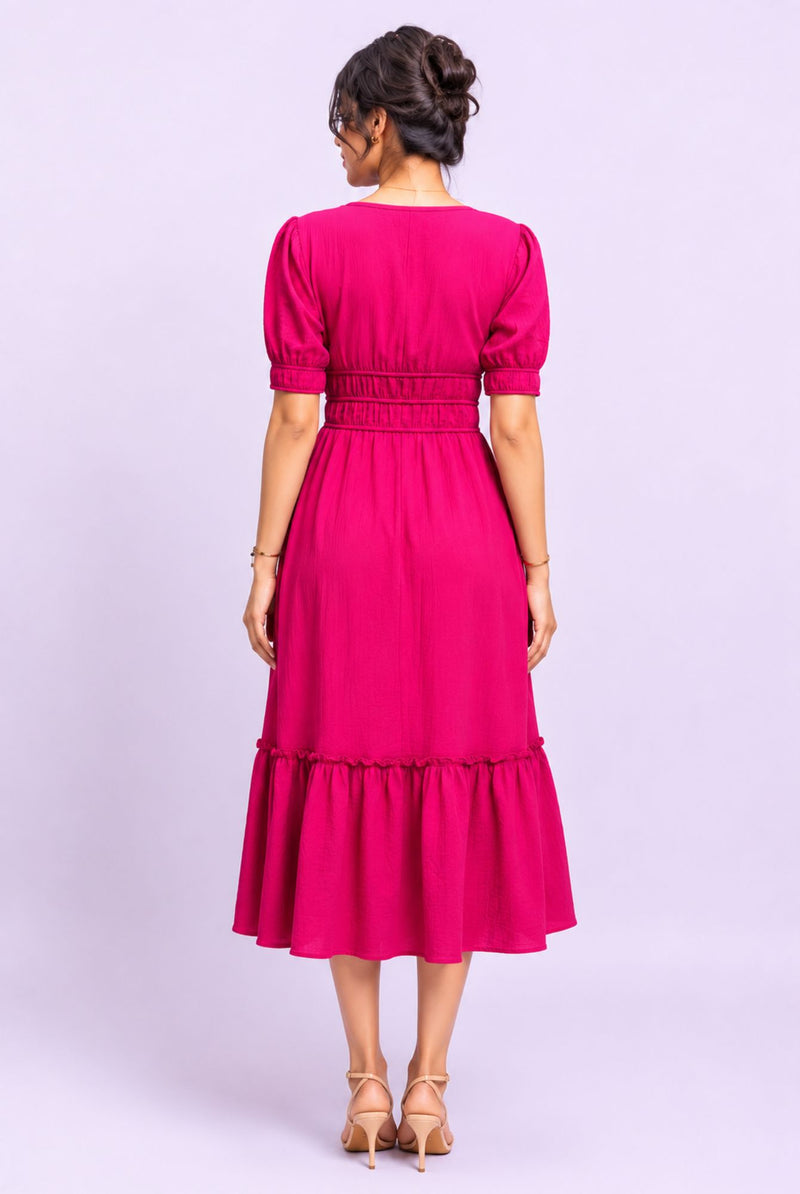 Women's Fuchsia V Neck Puff Sleeve Tiered Midi Dress
