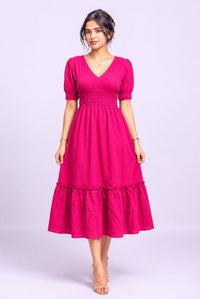Women's Fuchsia V Neck Puff Sleeve Tiered Midi Dress