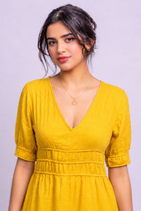 Women's Mustard V Neck Puff Sleeve Tiered Midi Dress