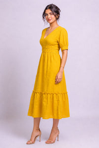 Women's Mustard V Neck Puff Sleeve Tiered Midi Dress