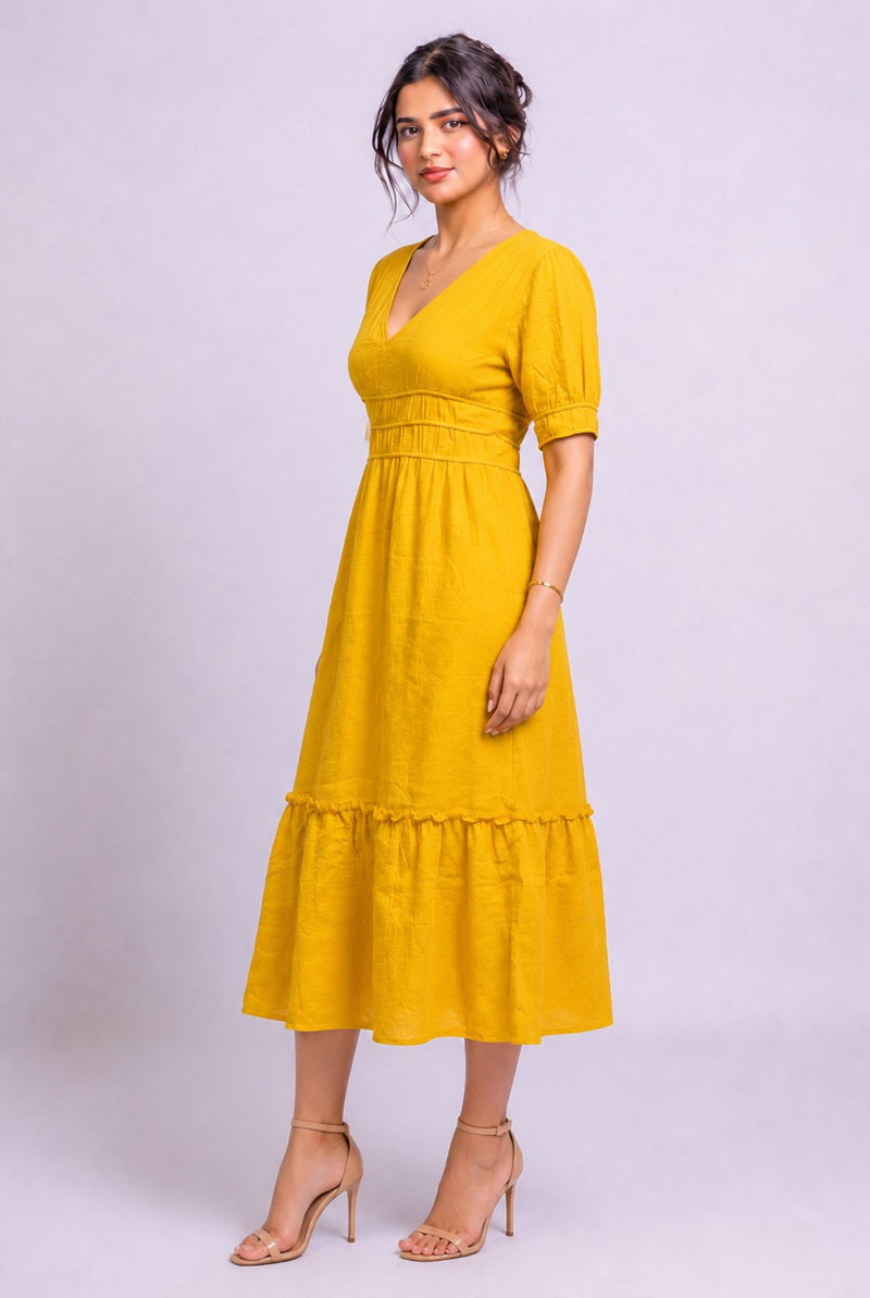 Women's Mustard V Neck Puff Sleeve Tiered Midi Dress