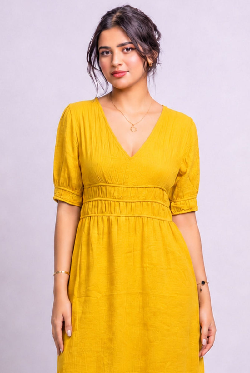 Women's Mustard V Neck Puff Sleeve Tiered Midi Dress