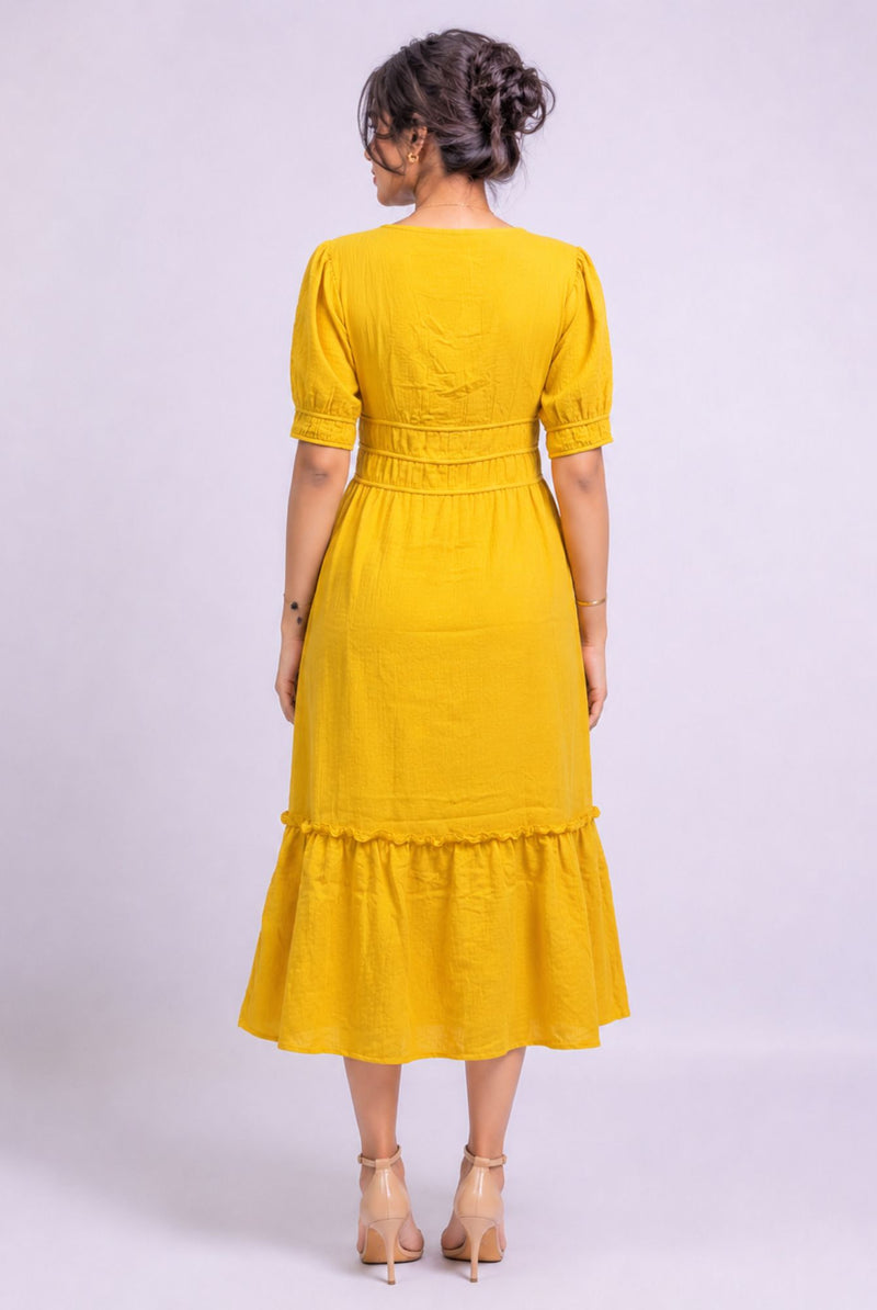Women's Mustard V Neck Puff Sleeve Tiered Midi Dress