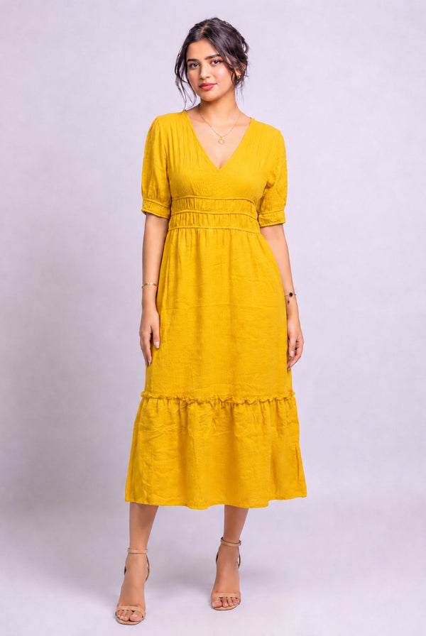 Women's Mustard V Neck Puff Sleeve Tiered Midi Dress