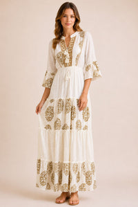 Women's White Embroidered Tassel Tiered Maxi Dress – Gold Print