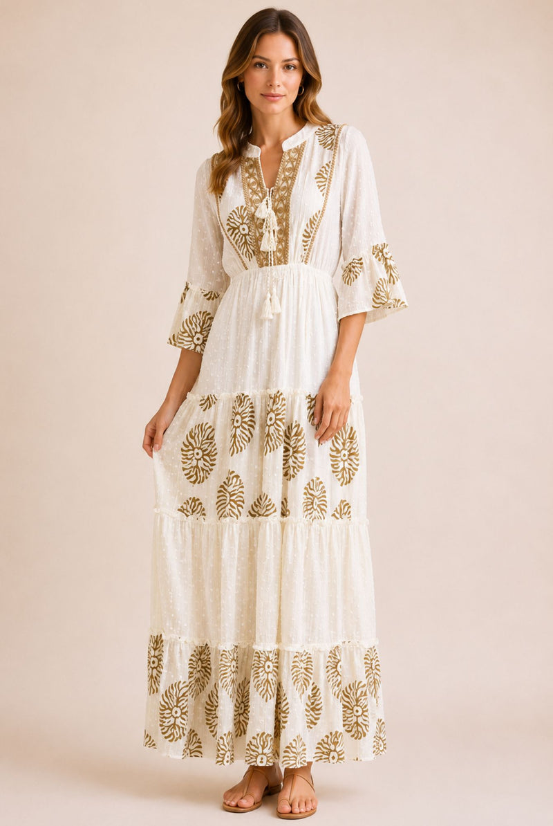 Women's White Embroidered Tassel Tiered Maxi Dress – Gold Print