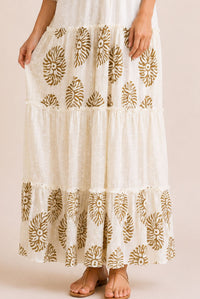 Women's White Embroidered Tassel Tiered Maxi Dress – Gold Print
