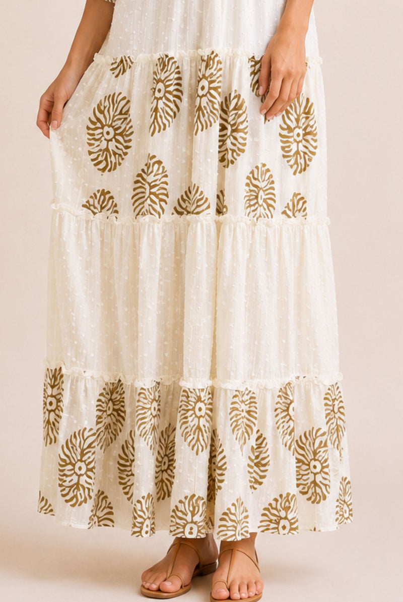 Women's White Embroidered Tassel Tiered Maxi Dress – Gold Print