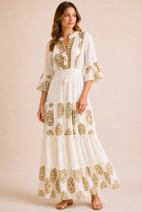 Women's White Embroidered Tassel Tiered Maxi Dress – Gold Print