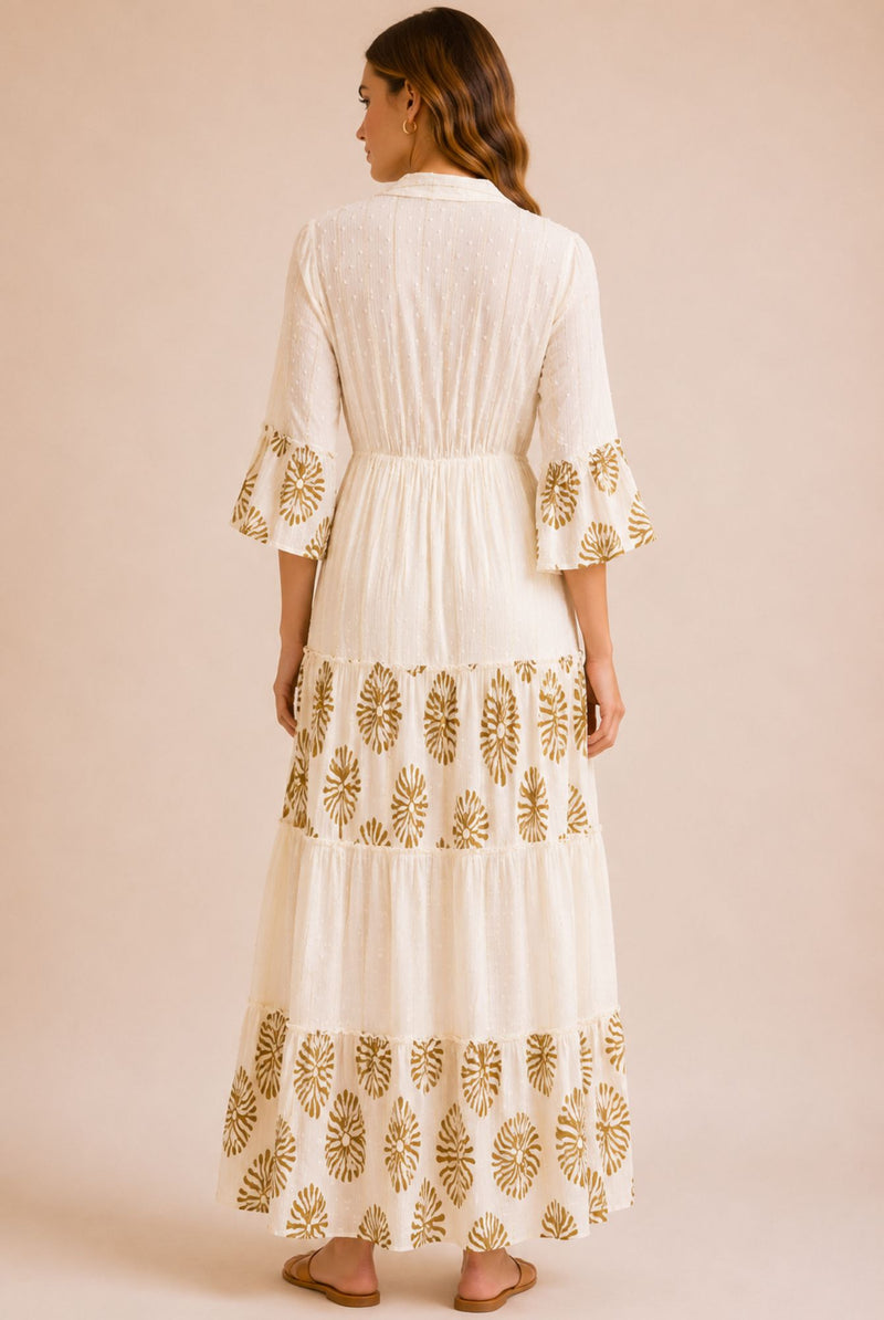 Women's White Embroidered Tassel Tiered Maxi Dress – Gold Print