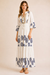 Women's White Embroidered Tassel Tiered Maxi Dress – Navy Print
