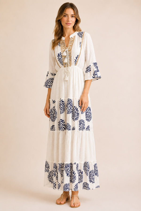 Women's White Embroidered Tassel Tiered Maxi Dress – Navy Print