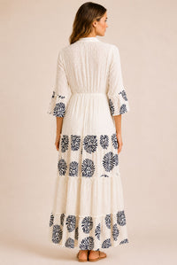 Women's White Embroidered Tassel Tiered Maxi Dress – Navy Print