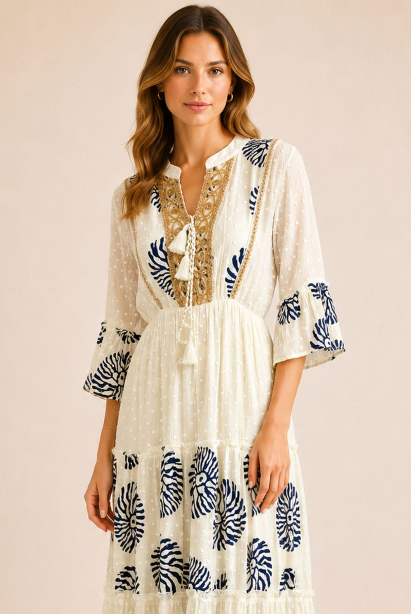 Women's White Embroidered Tassel Tiered Maxi Dress – Navy Print