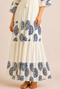 Women's White Embroidered Tassel Tiered Maxi Dress – Navy Print