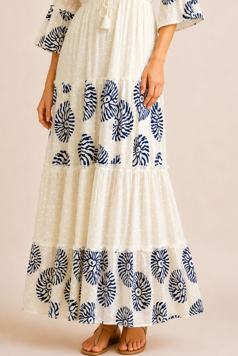 Women's White Embroidered Tassel Tiered Maxi Dress – Navy Print