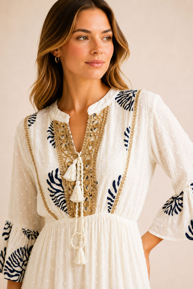 Women's White Embroidered Tassel Tiered Maxi Dress – Navy Print