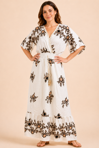 Women's White Floral Embroidered Wrap Maxi Dress – Black & Beige Embroidery