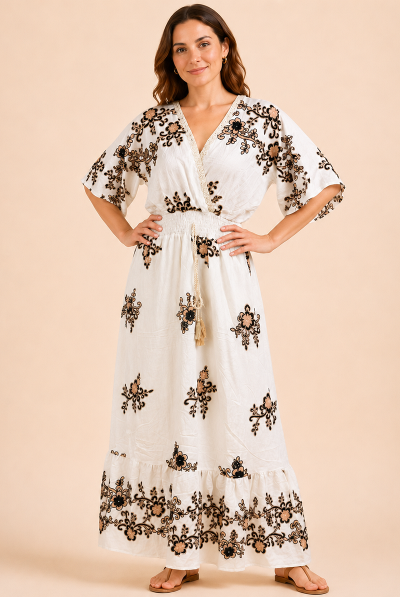 Women's White Floral Embroidered Wrap Maxi Dress – Black & Beige Embroidery