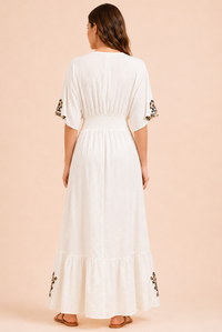 Women's White Floral Embroidered Wrap Maxi Dress – Black & Beige Embroidery