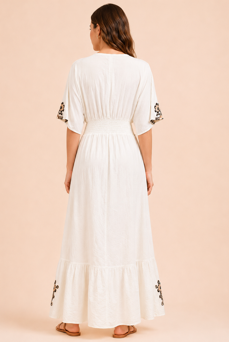 Women's White Floral Embroidered Wrap Maxi Dress – Black & Beige Embroidery