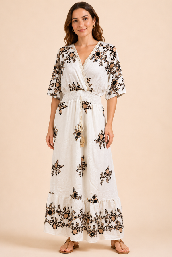 Women's White Floral Embroidered Wrap Maxi Dress – Black & Beige Embroidery