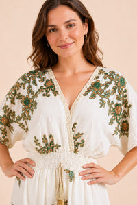 Women's White Floral Embroidered Wrap Maxi Dress – Green & Beige Embroidery