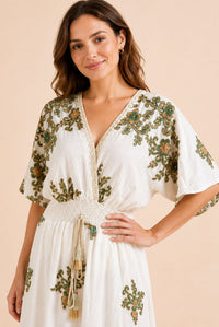 Women's White Floral Embroidered Wrap Maxi Dress – Green & Beige Embroidery